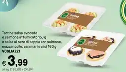 Iper La Grande Tartine salsa avocado e salmone affumicato o salsa al nero di seppia con salmone, mazzancolle, calamari e alici VOGLIAZZI offerta