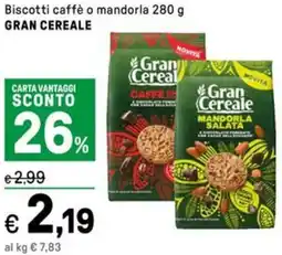 Iper La Grande Biscotti caffè o mandorla GRAN CEREALE offerta