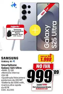 MediaWorld Samsung Smartphone Galaxy S25 Ultra offerta