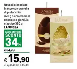Iper La Grande Uovo di cioccolato bianco con granella di pistacchio o con crema di nocciole o gianduia classico LA SUISSA offerta