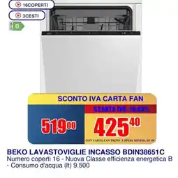 Trony BEKO LAVASTOVIGLIE INCASSO BDIN38651C offerta