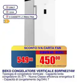 Trony BEKO CONGELATORE VERTICALE B3RFNE274W offerta