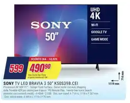 Trony SONY TV LED BRAVIA 3 50" K50S39B.CEI offerta
