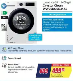 Trony SAMSUNG Lavatrice Slim 1.400 giri Crystal Clean WW90DG5G34AE offerta