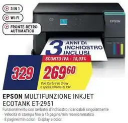 Trony EPSON MULTIFUNZIONE INKJET ECOTANK ET-2951 offerta