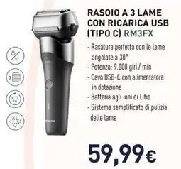 Unieuro Panasonic RASOIO A 3 LAME CON RICARICA USB (TIPO C) RM3FX offerta