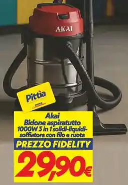 Iper Super Conveniente Akai Bidone aspiratutto 1000W 3 in 1 solidi-liquidi- soffiatore con filo e ruote offerta