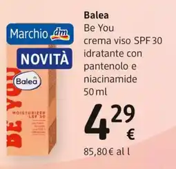 dm drogerie markt Balea Be You crema viso SPF 30 idratante con pantenolo e niacinamide offerta