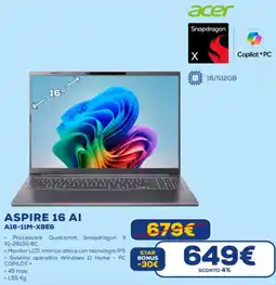 Euronics acer ASPIRE 16 AI A16-11M-X8E6 offerta