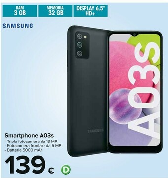 Carrefour Galaxy a03s 5.000mah display 6.5” hd+ tft lcd 32gb blue offerta
