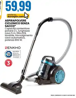 Eurospin Enkho aspirapolvere ciclonico senza sacco offerta