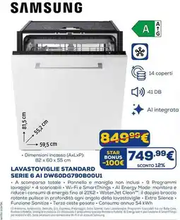Euronics SAMSUNG LAVASTOVIGLIE STANDARD SERIE 6 AI DW60DG790B00U1 offerta
