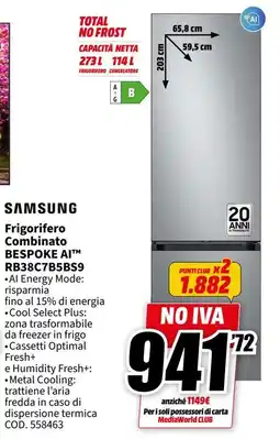 MediaWorld SAMSUNG Frigorifero Combinato BESPOKE AI RB38C7B5BS9 offerta