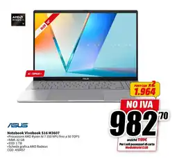 MediaWorld ASUS Notebook Vivobook S16 M3607 offerta