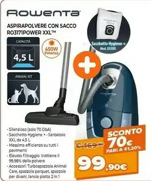 Expert Power xxl, ro3171, aspirapolvere a traino con sacco, sacco hygene+ da 4,5 l, potenza elevata, animal kit offerta