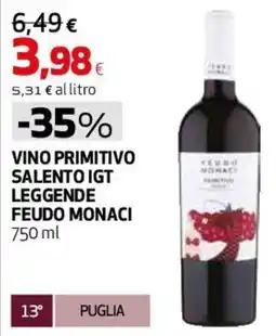 Coop Master Alleanza 3.0 Vino primitivo salento igt leggende FEUDO MONACI offerta