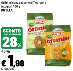 Iper La Grande Ottimini senza zucchero 7 cereali o integrali DIVELLA offerta