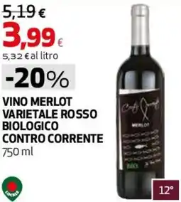 Coop Master Alleanza 3.0 Vino merlot varietale rosso biologico CONTRO CORRENTE offerta
