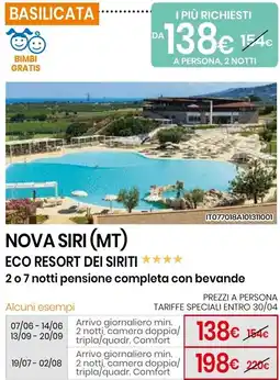Eurospin Nova siri (MT) eco resort dei siriti 2 o 7 notti offerta