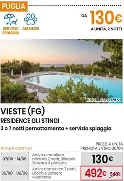 Eurospin Vieste (FG) residence gli stingi 3 o 7 notti pernottamento + servizio spiaggia offerta