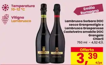 Eurospar Lambrusco Sorbara DOC secco Granprestigio o Lambrusco Grasparossa Castelvetro amabile DOC Grangala Chiarli offerta
