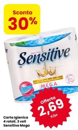 Eurospar Carta Igienica 4 rotoli, 3 veli Sensitive Mega offerta