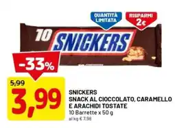 DPiù Snickers snack al cioccolato, caramello e arachidi tostate offerta