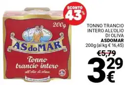 Supermercati Gulliver Tonno trancio intero all'olio di oliva ASDOMAR offerta
