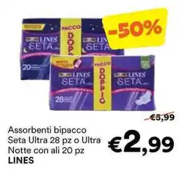 Unes Assorbenti bipacco Seta Ultra 28 pz o Ultra Notte con ali 20 pz LINES offerta