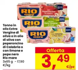 Interspar Tonno in olio Extra Vergine di oliva o in olio di oliva con peperoncino di Calabria o con limone e pepe nero Rio mare offerta