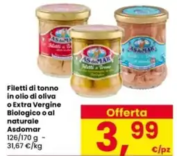 Interspar Filetti di tonno in olio di oliva o Extra Vergine Biologico o al naturale Asdomar offerta