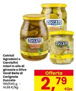 Interspar Cetrioli Agrodolci o Carciofini Interi in olio di girasole o Olive Verdi Bella di Cerignola Zuccato offerta