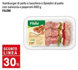 Iper La Grande Hamburger di pollo e tacchino o Spiedini di pollo con salsiccia e peperoni FILENI offerta