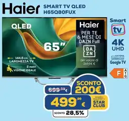 Euronics Haier SMART TV QLED H65Q80FUX offerta