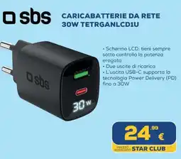 Euronics Sbs caricabatterie da rete 30W TETRGANLCD1U offerta