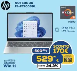 Euronics hp NOTEBOOK 15-FC1008NL offerta