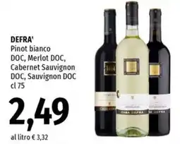 Famila Superstore DEFRA' Pinot bianco DOC, Merlot DOC, Cabernet Sauvignon DOC, Sauvignon DOC offerta