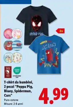 Lidl T-shirt da bambini, 2 pezzi 'Peppa Pig, Bluey, Spiderman, Cars' offerta