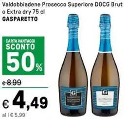 Iper La Grande Valdobbiadene Prosecco Superiore DOCG Brut o Extra dry GASPARETTO offerta