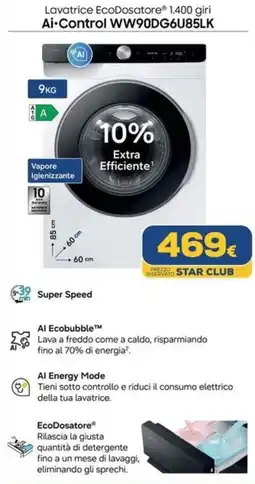 Euronics SAMSUNG Lavatrice EcoDosatore 1.400 giri Ai-Control WW90DG6U85LK offerta