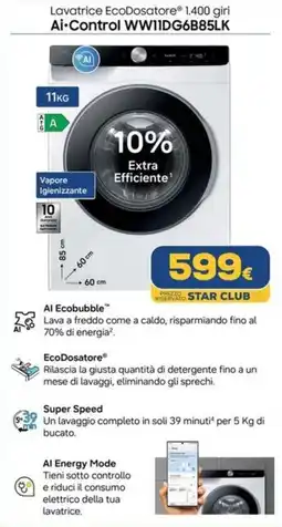 Euronics SAMSUNG Lavatrice EcoDosatore 1.400 giri Ai-Control WW11DG6B85LK offerta