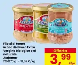 Eurospar Filetti di tonno in olio di oliva o Extra Vergine biologico o al naturale Asdomar offerta