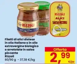 Eurospar Filetti di alici distese in olio Italiano o in olio extravergine biologico o arrotolate in salsa piccante Rizzoli offerta