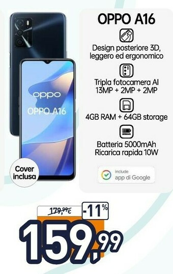 Unieuro A16 (64gb+4gb) 16,6 cm (6.52") doppia sim android 11 4g usb tipo-c 5000 mah nero offerta