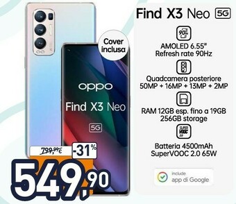 Unieuro Find x3 neo smartphone 5g, qualcomm865, display 6.55''fhd+amoled, 4 fotocamere 50mp, ram 12gb espandibile fino a 19gb+rom 256 offerta