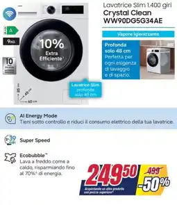 Trony SAMSUNG Lavatrice Slim 1.400 giri Crystal Clean WW90DG5G34AE offerta