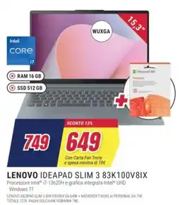 Trony LENOVO IDEAPAD SLIM 3 83K100V8IX offerta