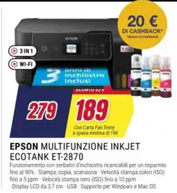 Trony EPSON MULTIFUNZIONE INKJET ECOTANK ET-2870 offerta