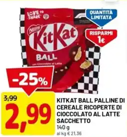 DPiù Kitkat ball palline di cereale ricoperte di cioccolato al latte sacchetto offerta