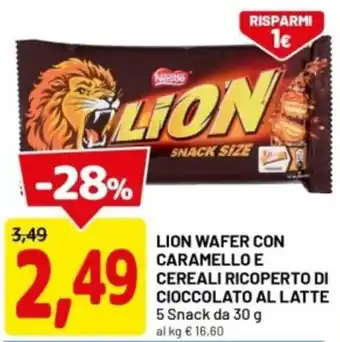 DPiù Lion wafer con caramello e cereali ricoperto di cioccolato al latte offerta